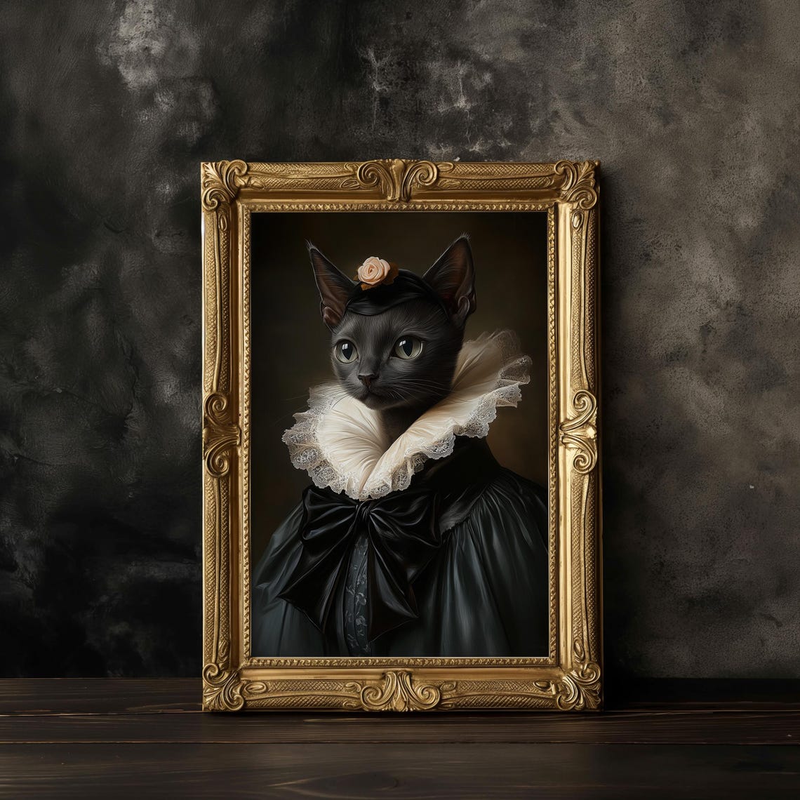 Regal Black Cat Elizabethan Gown Portrait Rose Royal Art Poster