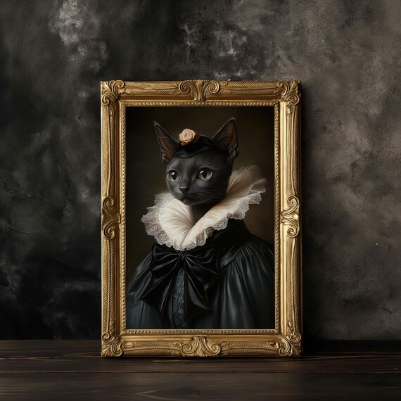 Gothic Cat In Dress Anthropomorphic Cat Poster Whimsigoth Decor Black Cat Painting Quirky Wall Decor Victorian Vampire Witchy Decor
