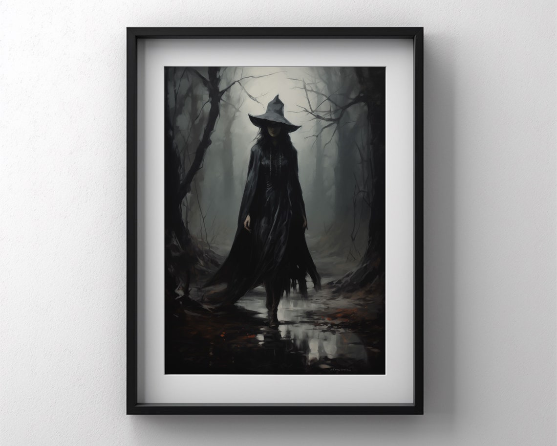 Dark Witch in Black Cloak Foggy Forest Gothic Halloween Oil Poster - Image 2