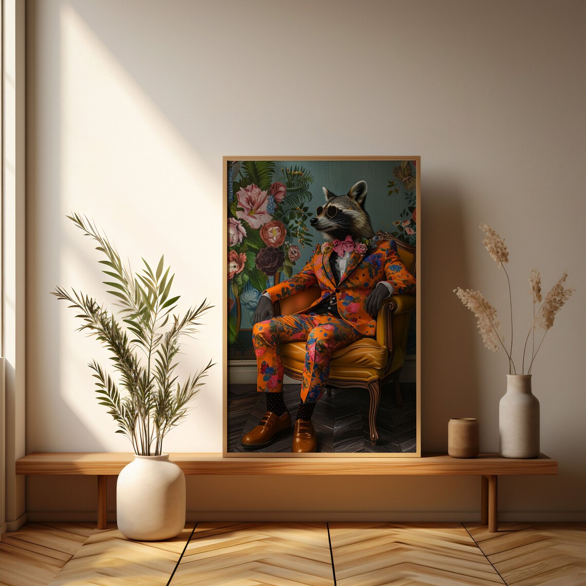 Dapper Raccoon In Floral Suit Maximalist Animal Portrait Poster - Image 2