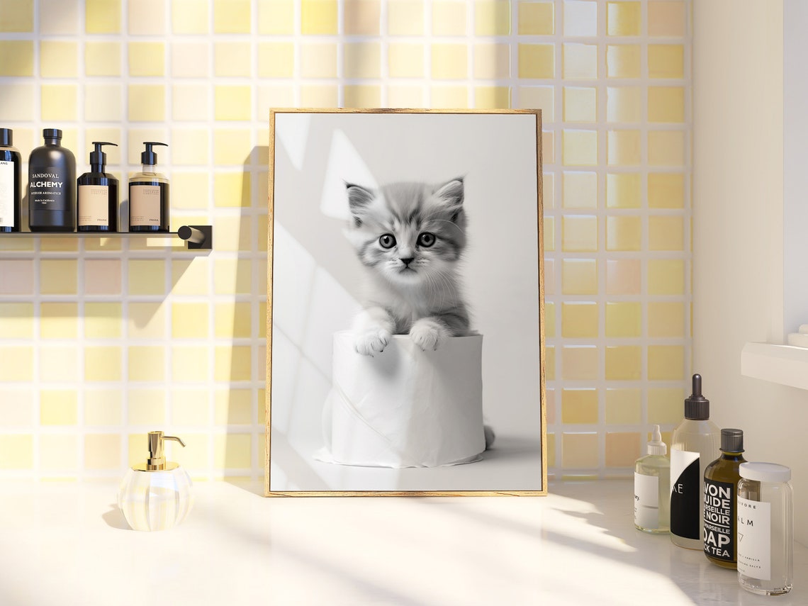 Sweet Kitten Peeking Over Toilet Paper Roll Funny Bathroom Poster - Image 2