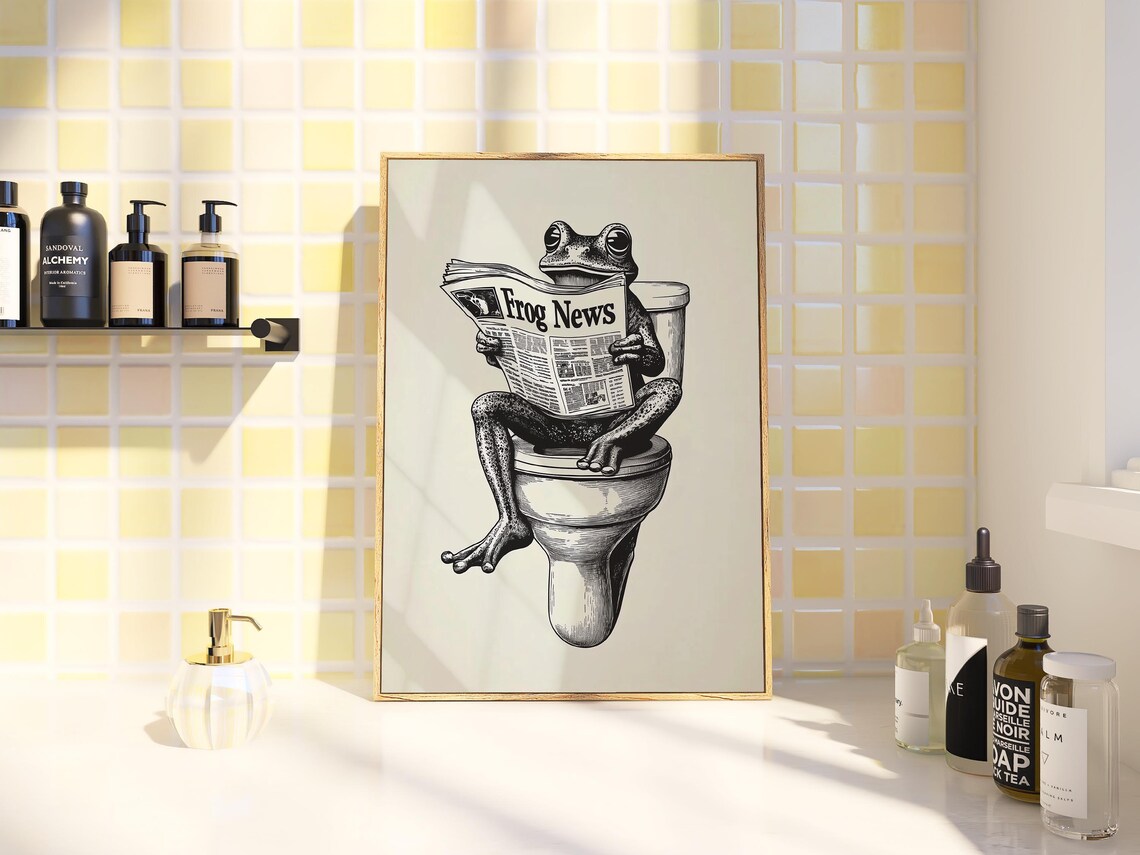 Retro Frog On Toilet Art Print, Bathroom Decor