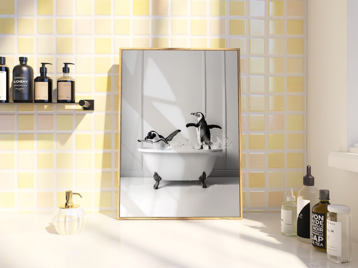 Adorable Penguins in Bathtub Bathroom Art Print - Image 2