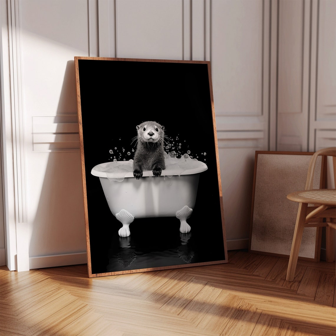 Baby Otter Bubble Bath Cute Black White Night Funny Animal Poster - Image 2