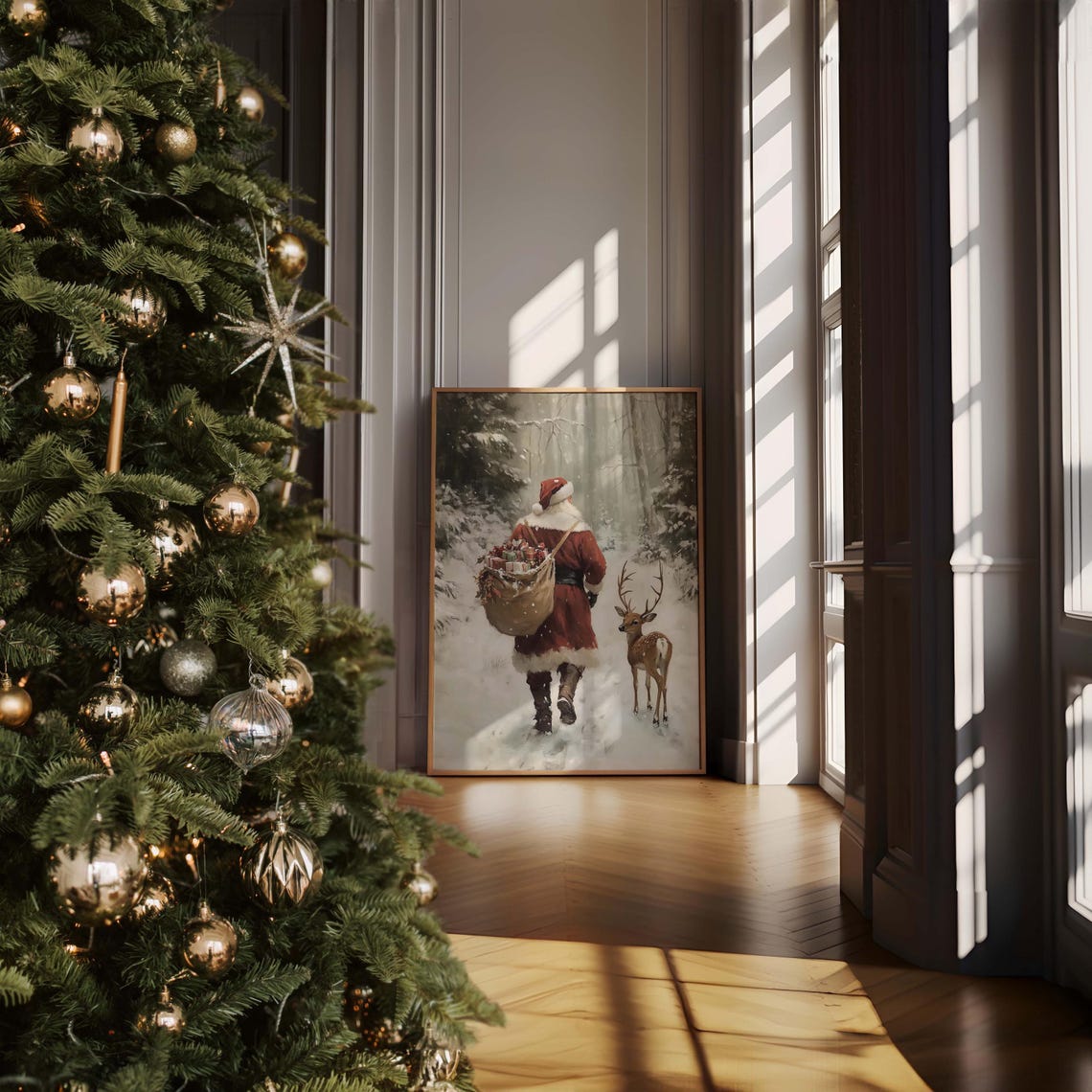 Reindeer Painting Antique White Art Christmas Festive Xmas Decor Antique Holiday Oil Painting Seasonal Christmas Home Decor