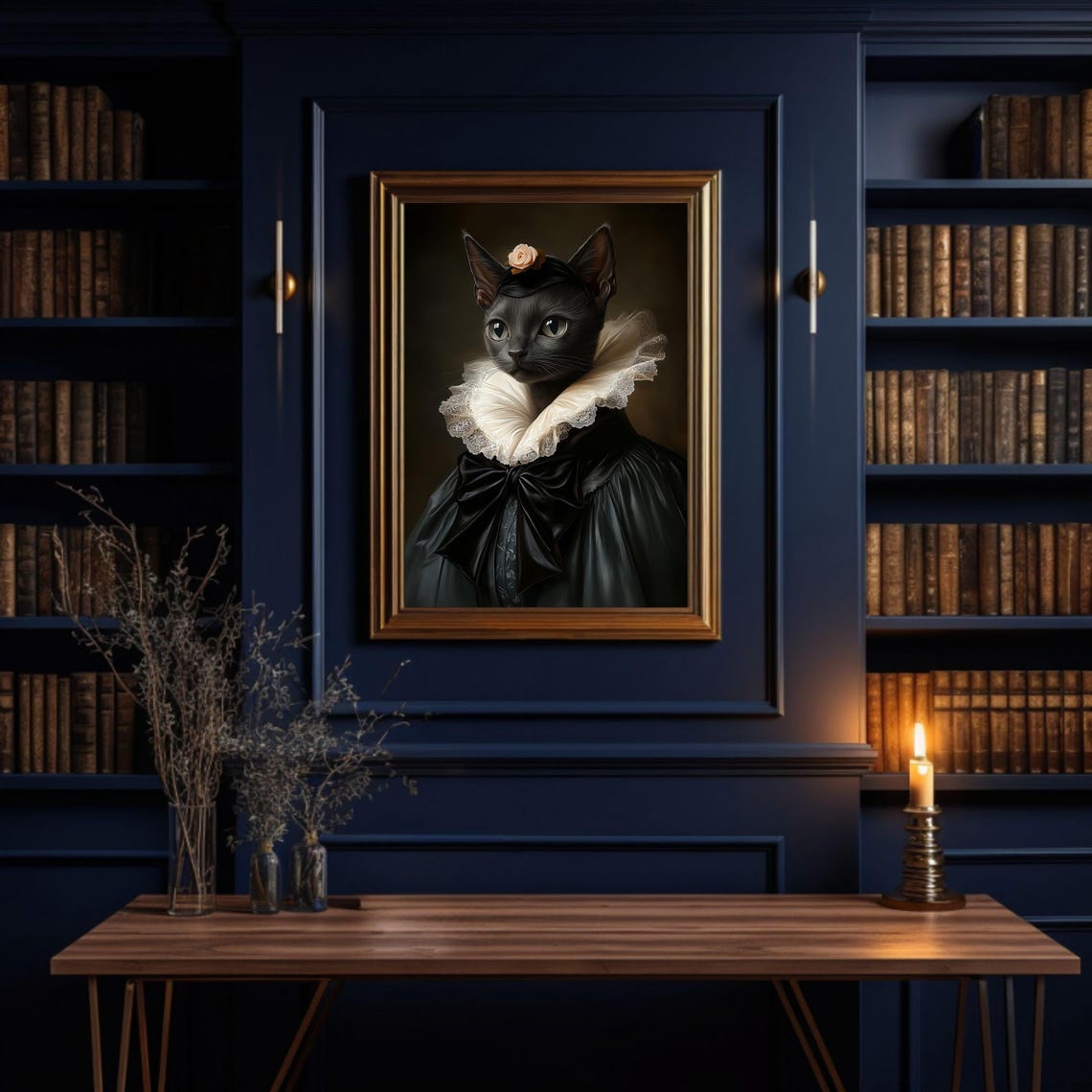 Regal Black Cat Elizabethan Gown Portrait Rose Royal Art Poster - Image 3
