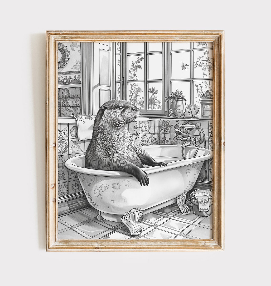 Otter Relaxing in Clawfoot Bathtub Black White Sketch Bathroom Poster
