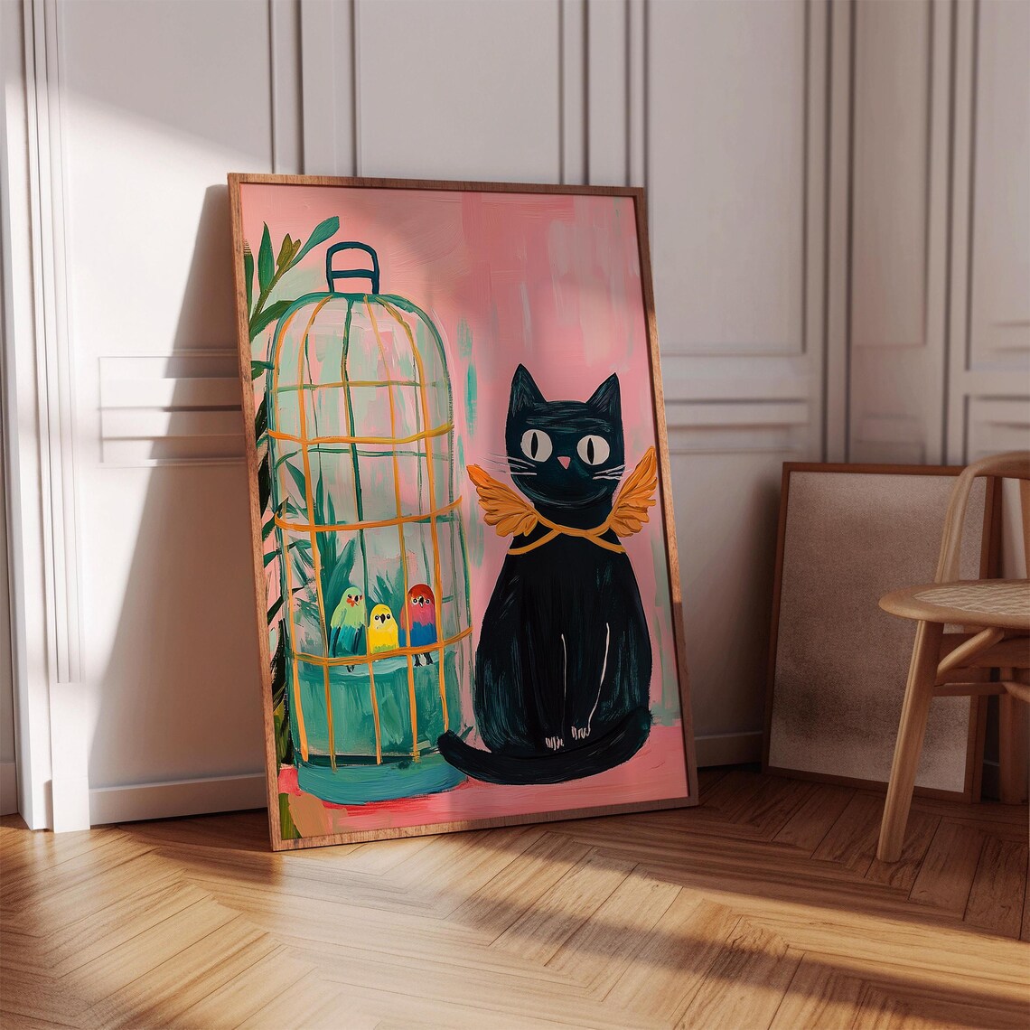Black Cat With Birdcage Budgies Matisse Style Whimsical Cat Wall Poster - Image 2