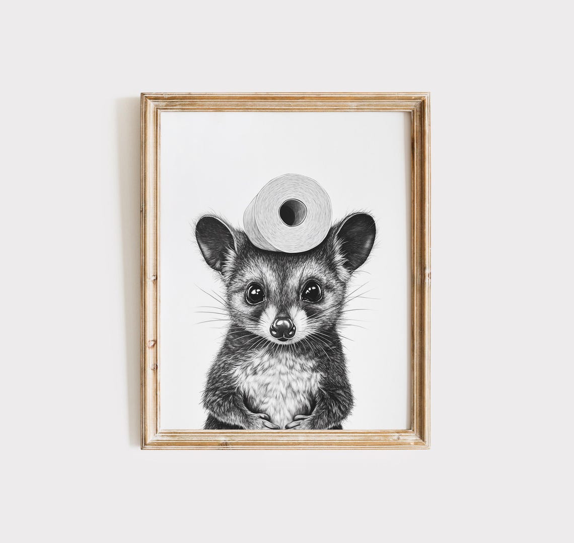Cute Possum Balancing Toilet Paper On Head Funny Bathroom Poster