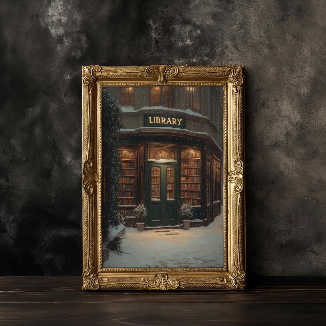 Snowy Vintage Library Bookstore Painting Cozy Book Lover Poster