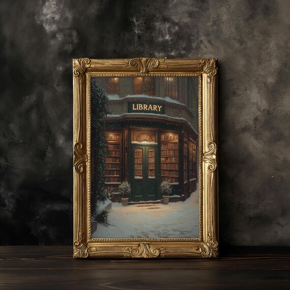 Snowy Vintage Library Bookstore Painting Cozy Book Lover Poster