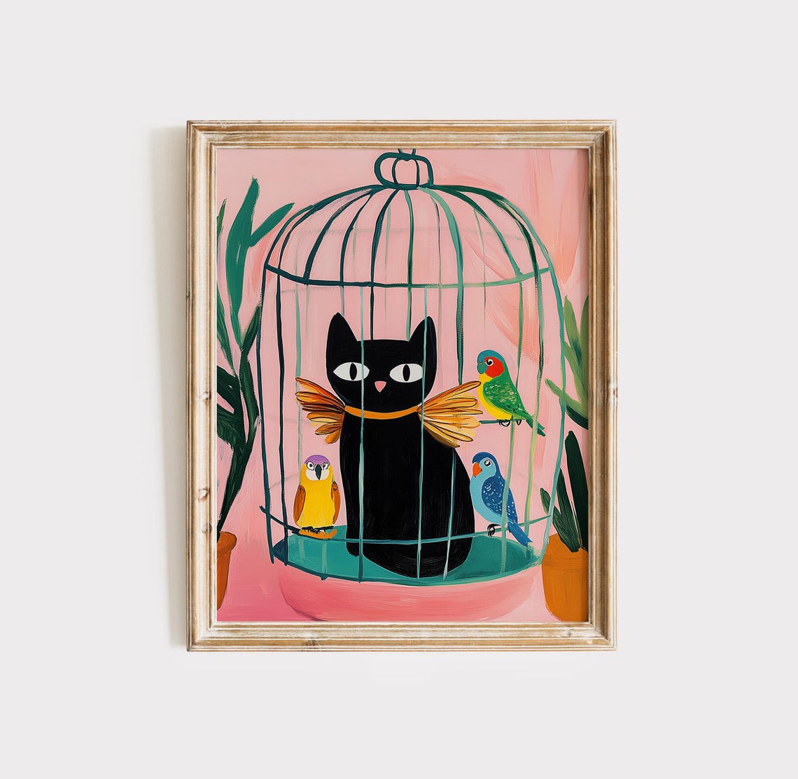 Black Cat in Birdcage Colorful Parrots Playful Whimsical Poster