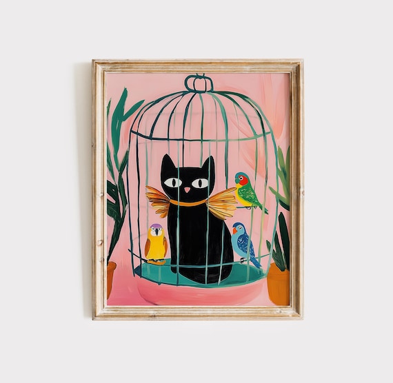 Black Cat in Birdcage Colorful Parrots Playful Whimsical Poster