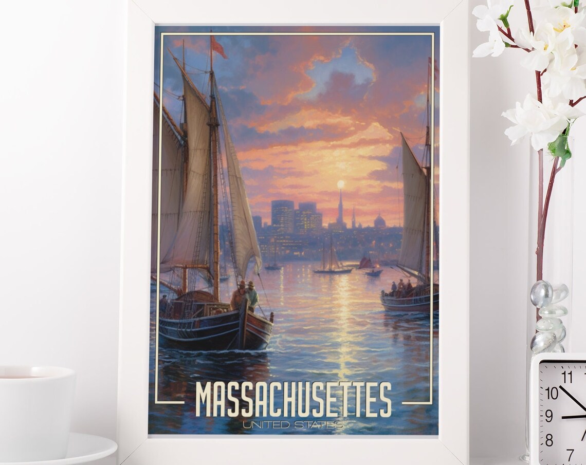 Massachusetts Sailboats Harbor Sunset Skyline Glow Travel Poster