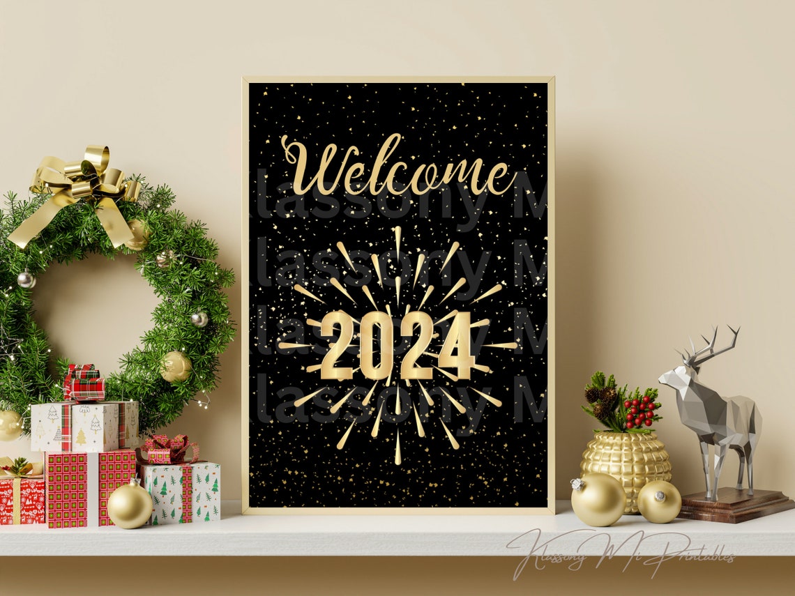 2024 Gold Firework Welcome New Year Black Glam Celebration Poster