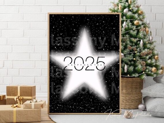 2025 Happy New Year Glowing White Star Black Night Sky Poster