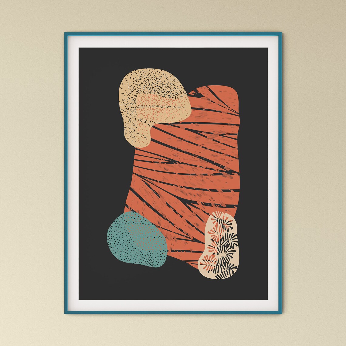 Abstract Organic Shapes Coral Teal Dark Background Art Poster