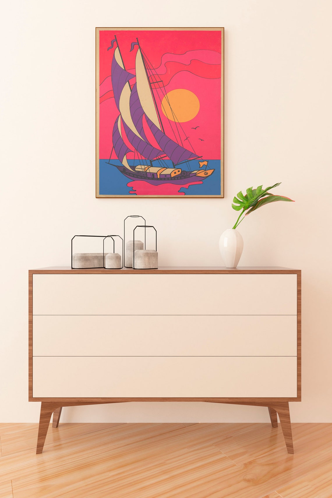 Psychedelic Tall Ship Sunset Vintage Trippy Ocean Art Poster - Image 2