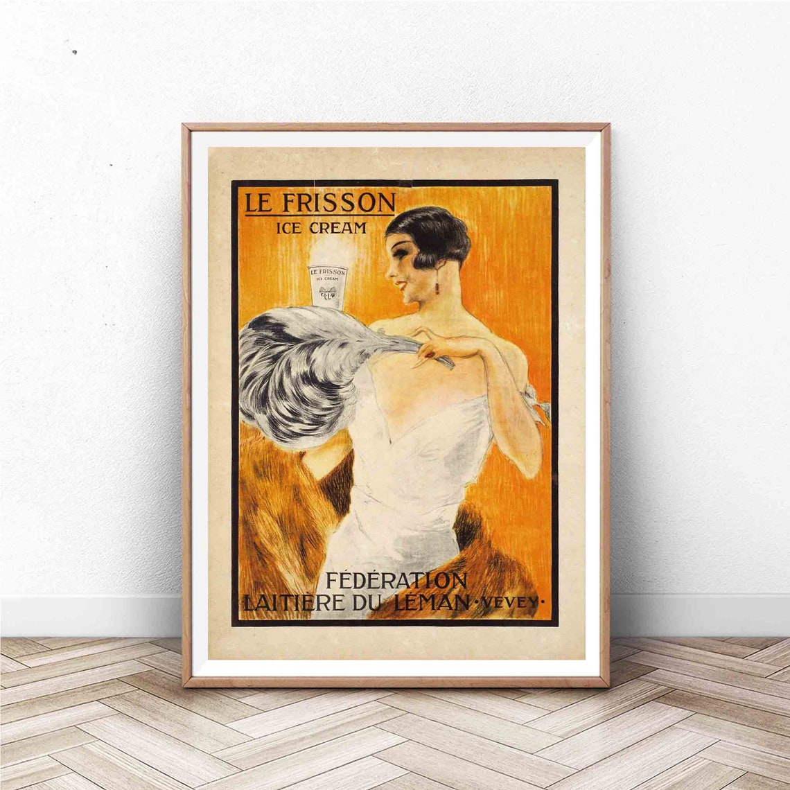 Le Frisson Ice Cream Art Nouveau Woman Fur Stole Vintage Swiss Poster