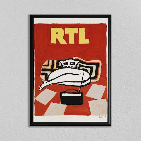 RTL French Radio Villemot White Cat on Cushions Vintage Advertisement Poster