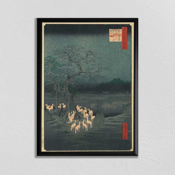 Japanese Woodblock Fox Print, Vintage Japan Art
