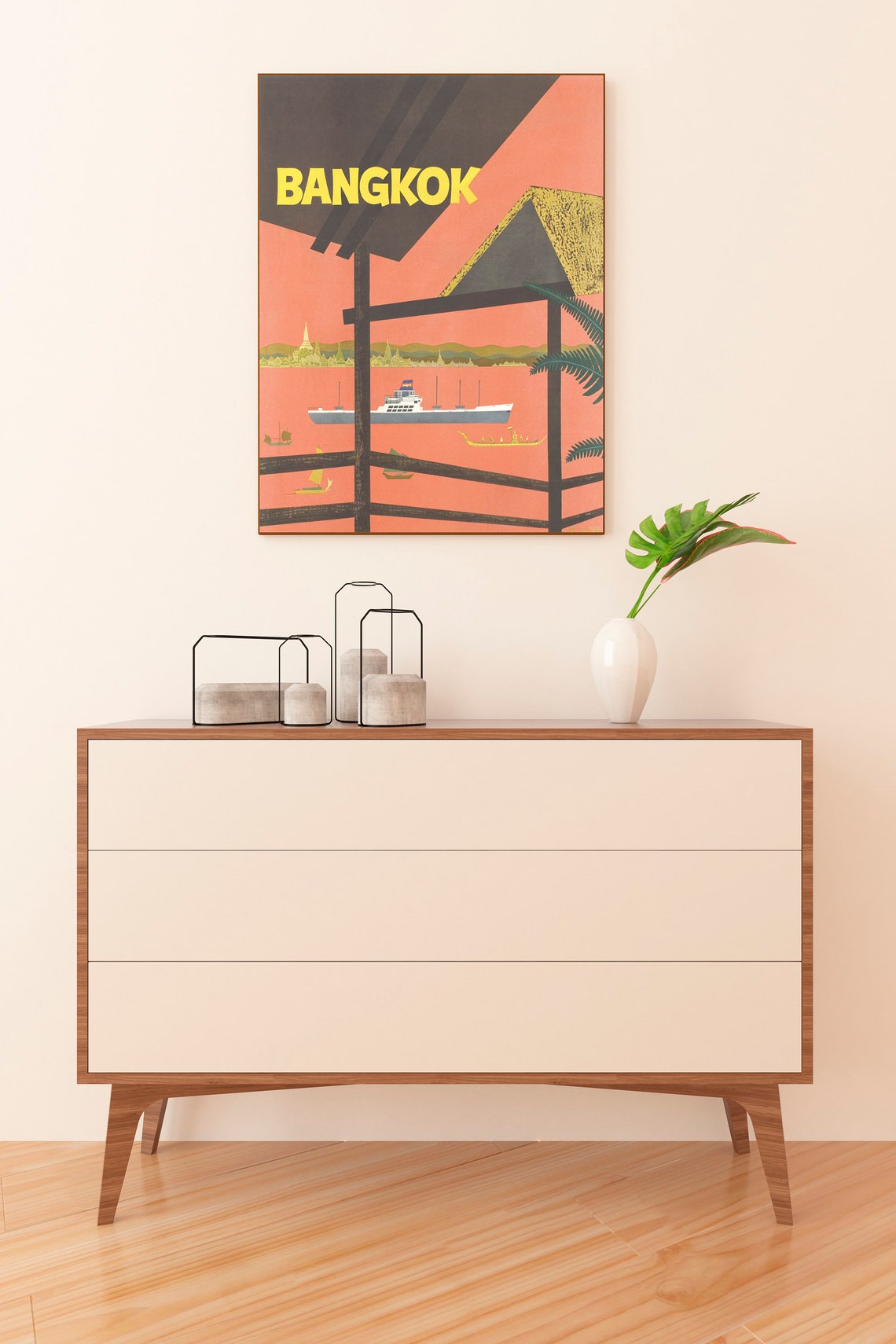 Bangkok Thailand Mid Century Modern Orange Harbor Travel Poster - Image 3