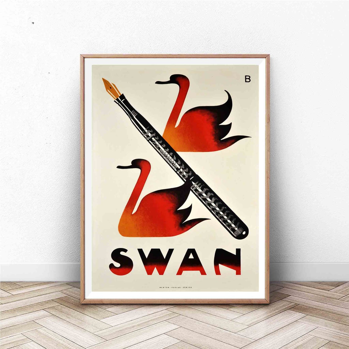 Swan Fountain Pen Two Red Swans Bold Vintage Advertisement Poster