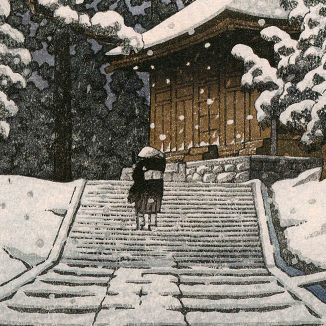 Kawase Hasui Snowy Temple Stairway Japanese Woodblock Winter Poster - Image 2