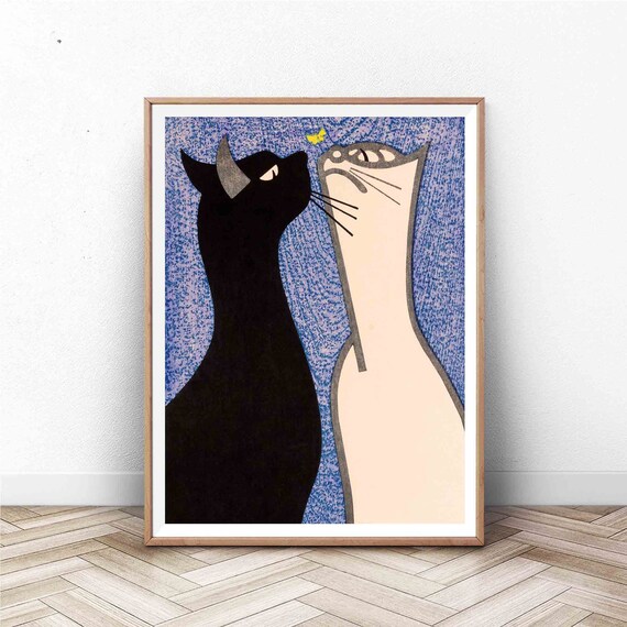 Black White Cats Abstract Modern Illustration Blue Butterfly Art Poster