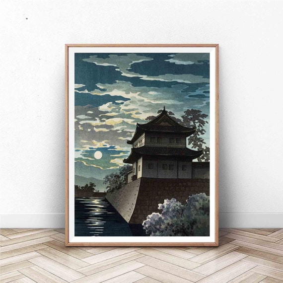 Japan Art Print Wood Block Poster Home Decor Japanese Vintage Castle At Night