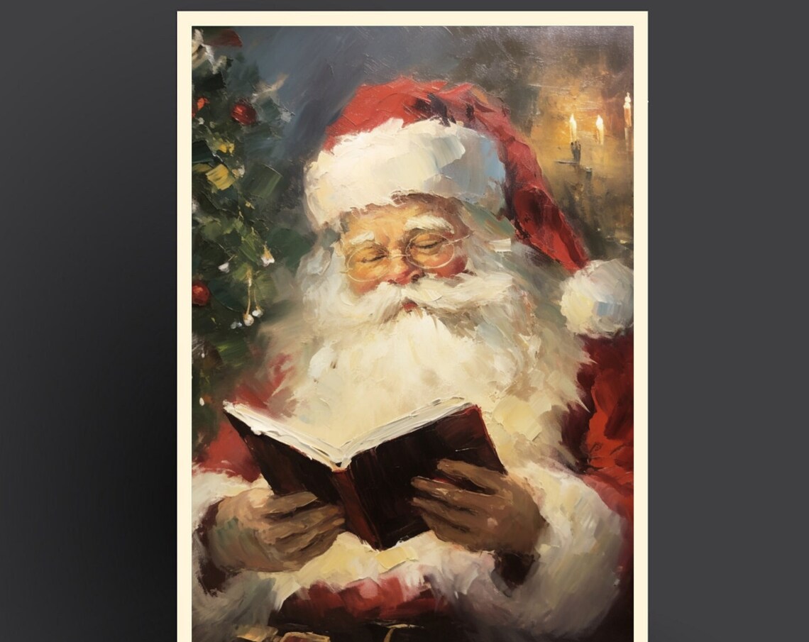 Santa Claus Reading A Book Vintage Oil Painting Christmas Night Poster - Image 3