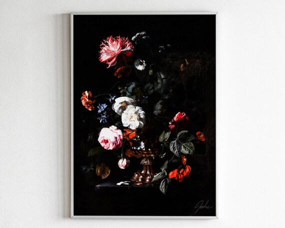 Dark Floral Still Life With Roses in a Bronze Urn Moody Botanical Poster