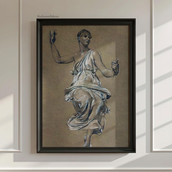 Vintage Figure Drawing Classical Draped Woman Charcoal Study Art Print