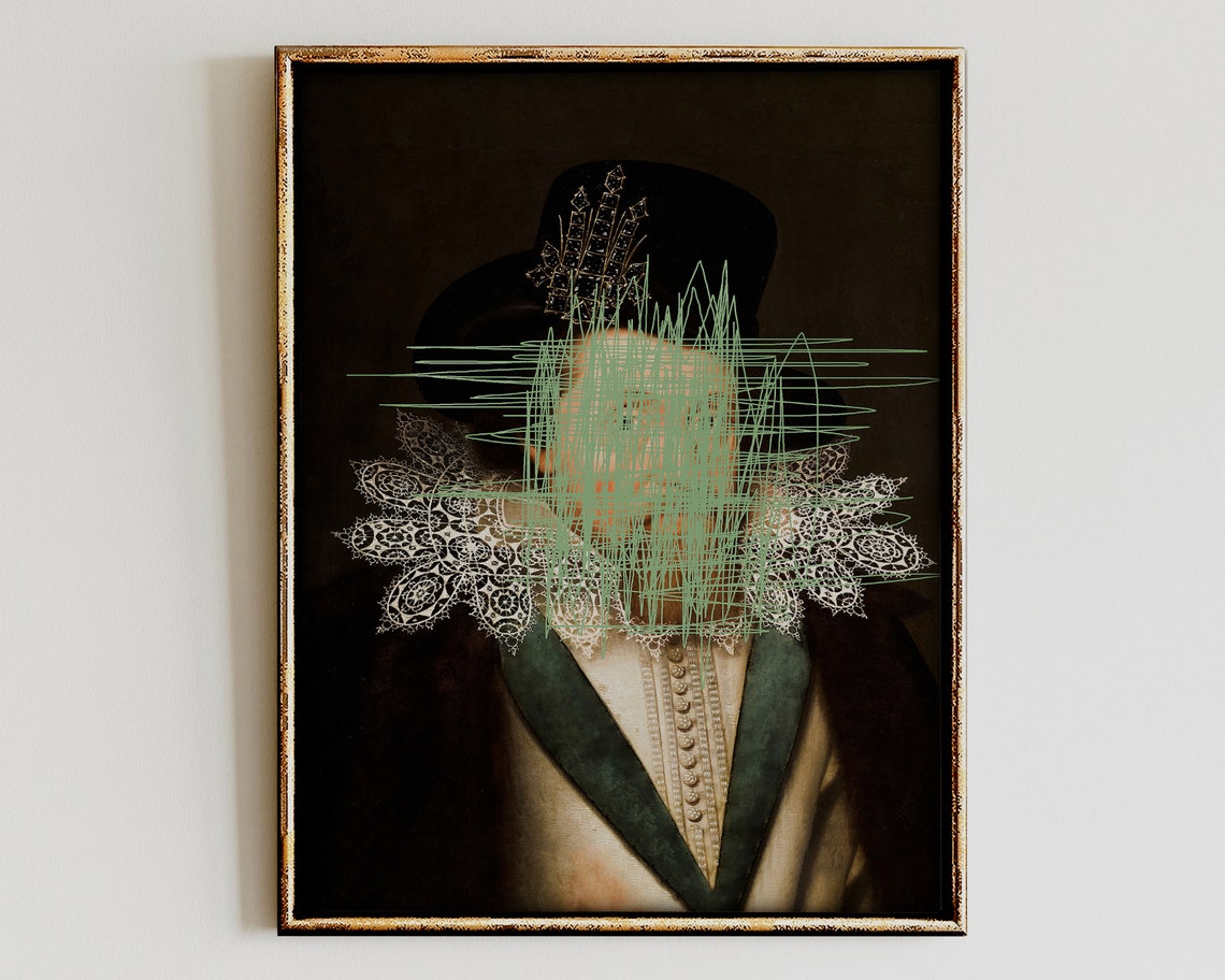 Baroque Gentleman Portrait Green Scribble Face Surreal Art Poster