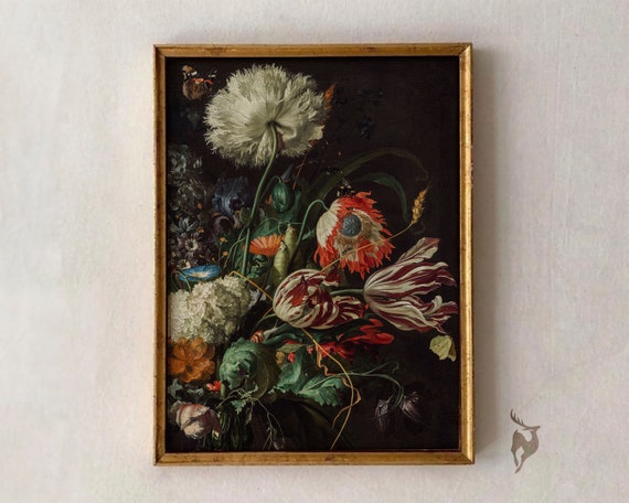 Dark Academia Dutch Floral Still Life Black Background Vintage Style Poster