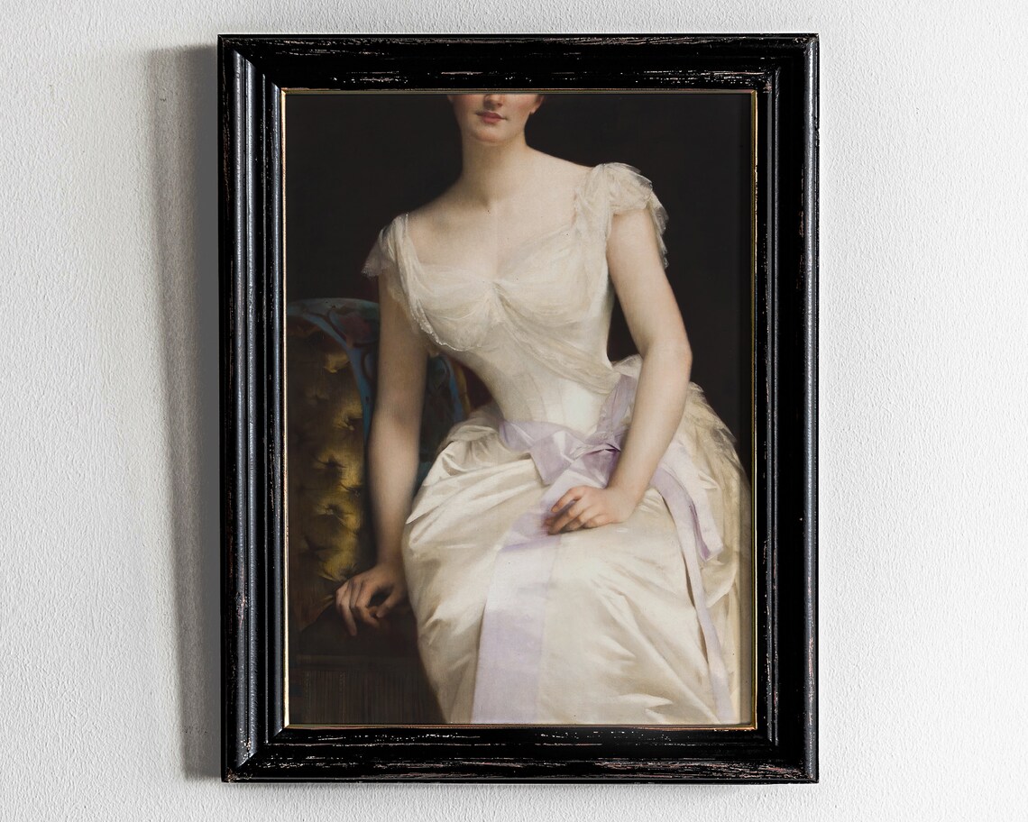 Classic Portrait Of Woman In White Gown With Lavender Sash Detail Print