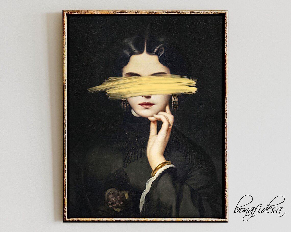Altered Victorian Portrait with Gold Paint Stroke Across Eyes Art Poster