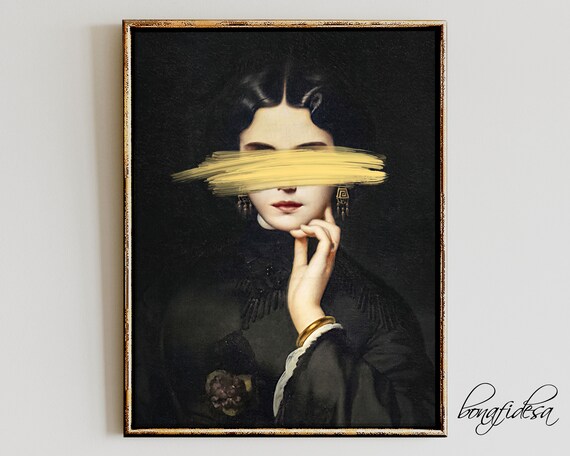 Altered Victorian Portrait with Gold Paint Stroke Across Eyes Art Poster