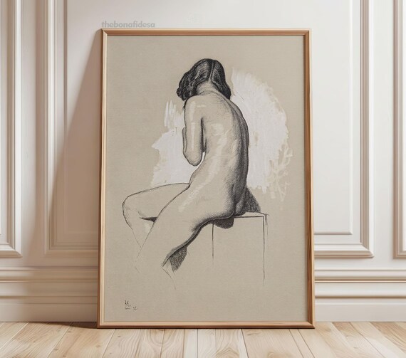 Seated Nude Female Figure Study Classical Charcoal Drawing Fine Art Print