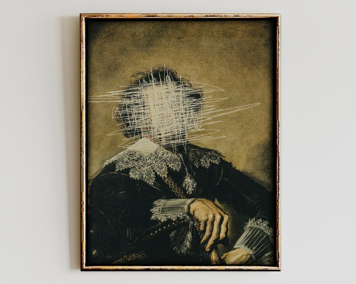 Altered Antique Nobleman Portrait Scribbled Face Dark Academia Art Print