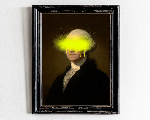 George Washington Altered Portrait Neon Yellow Spray Paint Wall Art