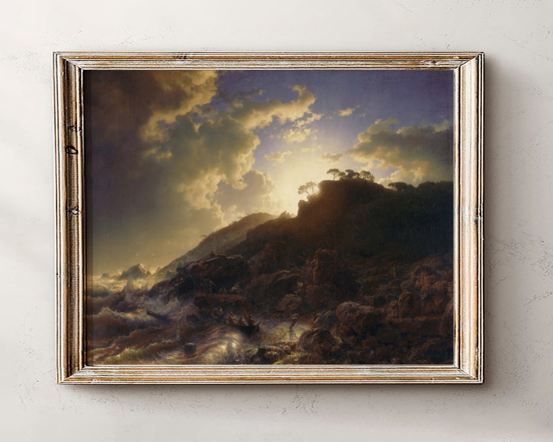 Dramatic Rocky Coast Sunset Stormy Seascape Oil Painting Poster