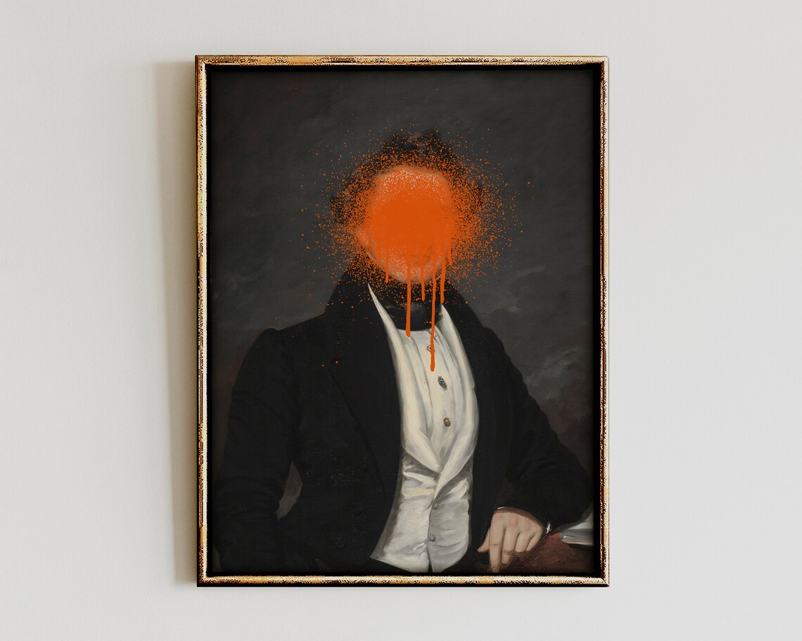 Altered Gentleman Portrait Orange Paint Splash Quirky Poster