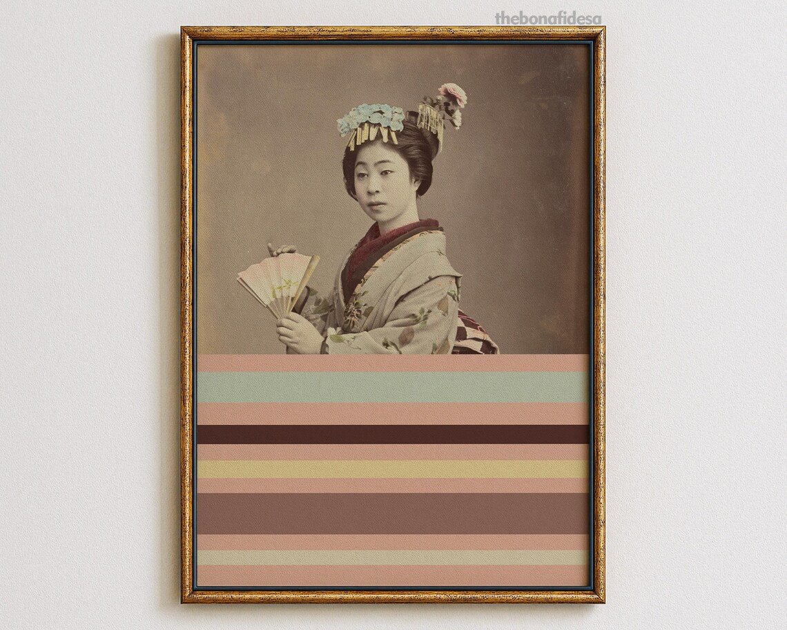 Geisha Portrait With Fan Striped Eclectic Japanese Maximalist Poster
