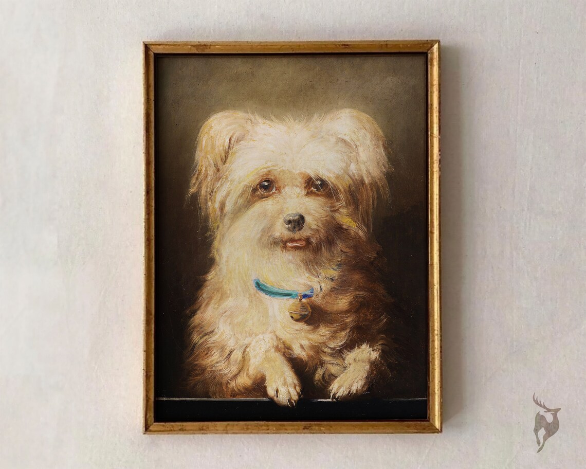 Antique White Puppy Portrait Oil Painting Bell Collar Cute Dog Print