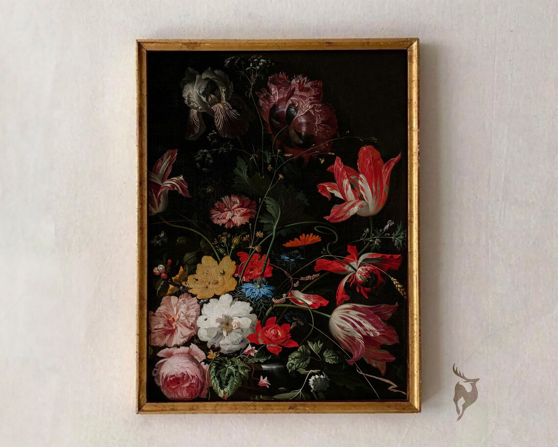 Dark Floral Still Life Painting Moody Botanical Decor Art Poster