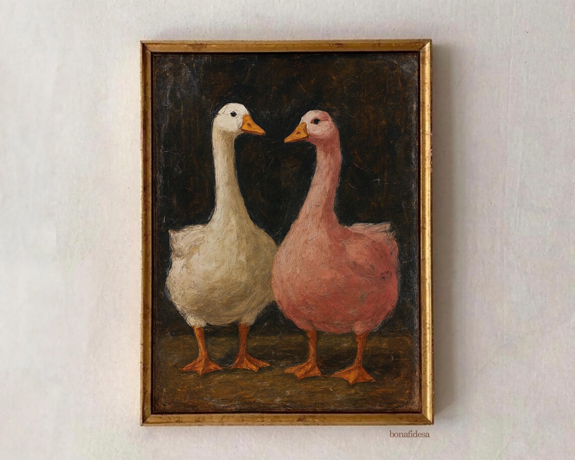 Two White Geese Vintage Oil Painting Rustic Farmhouse Animal Wall Art