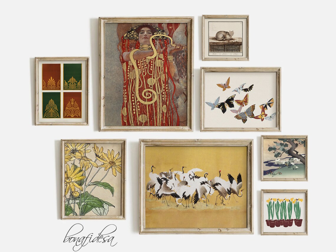 Yellow Vintage Eclectic 8 Piece Gallery Wall Art Set Klimt Butterflies
