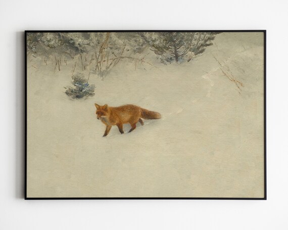 Red Fox Walking Through Snow Vintage Wildlife Painting Wall Art