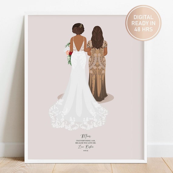 Bride With Mom in Gold Sequin Gown Back View Wedding Day Poster